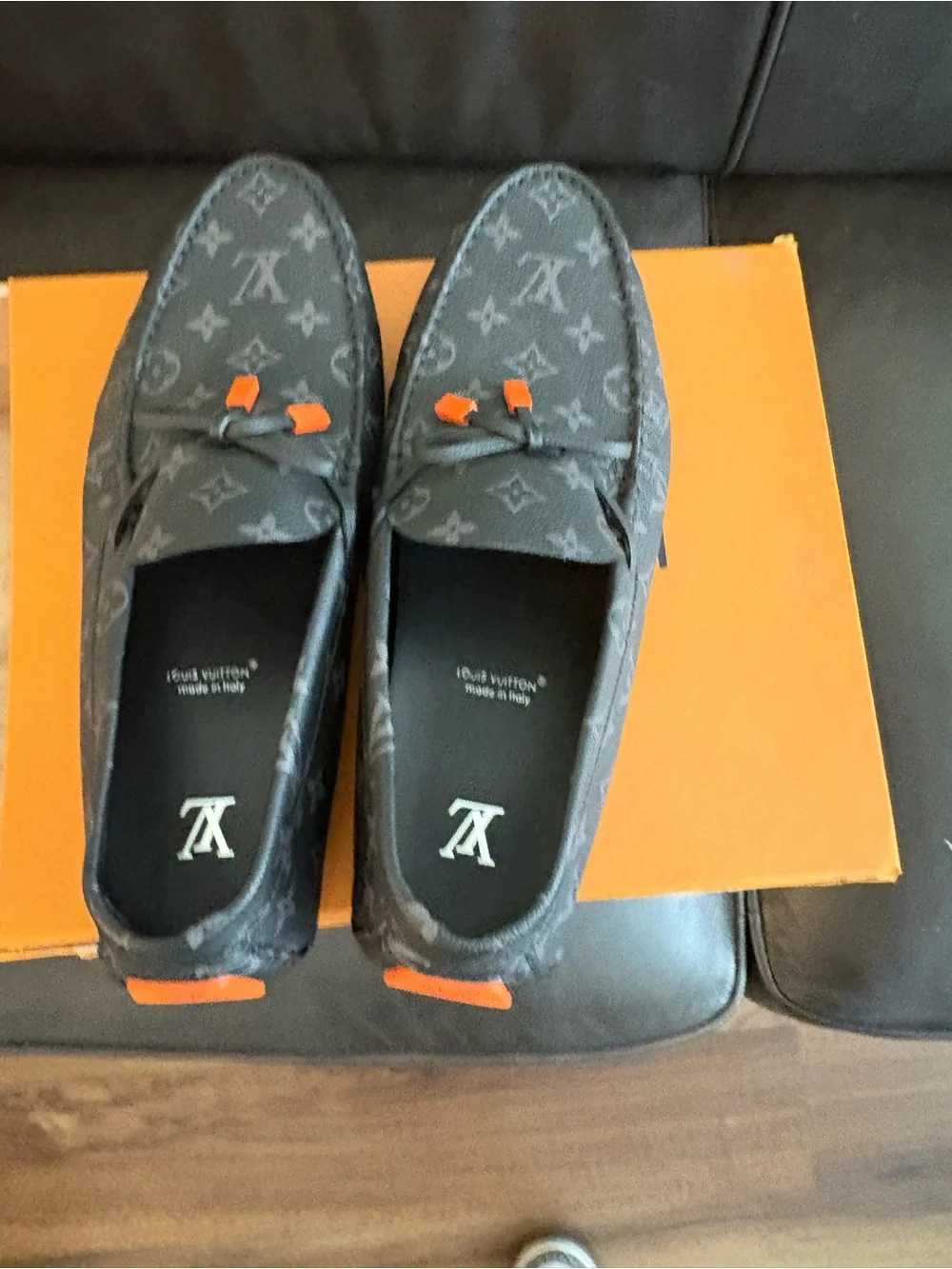 Louis Vuitton Black Monogram Driving Moccasins with Orange Accents